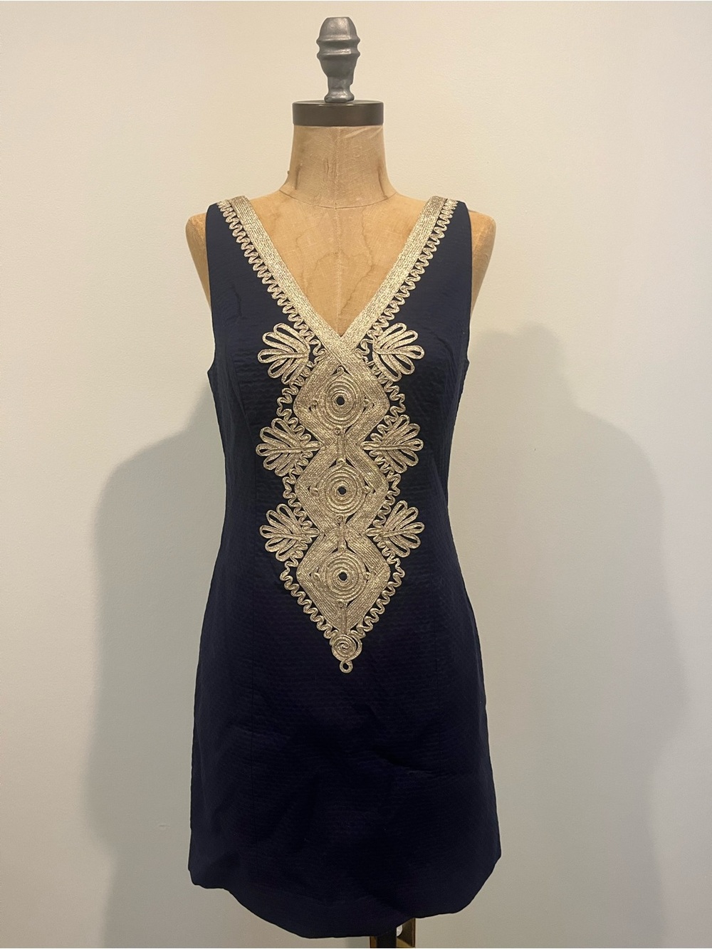 Navy Sleeveless Dress with gold Embroidered Placket